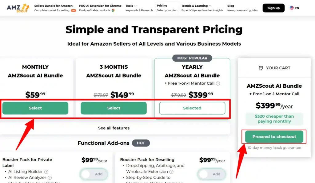 Choose an AMZScout Pricing plan to Apply the Code