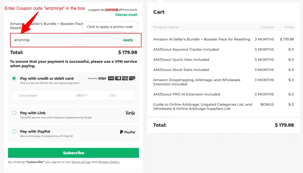 Enter AMZScout Code in the coupon code box