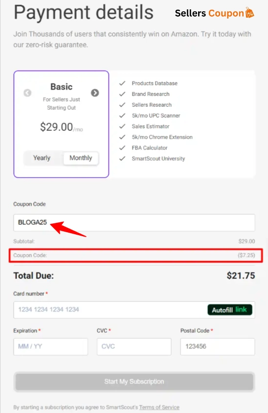 Enter Coupon Code in SmartScout Checkout Page
