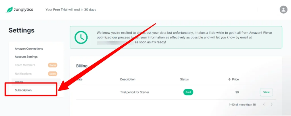 Go to billing section to apply Junglytics discount code